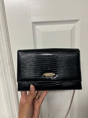 Vintage Black Croc Embossed Chain Clutch Shoulder Bag